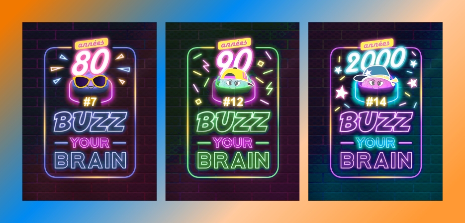 Affiches Buzz your Brain Quiz années 80, 90, 2000